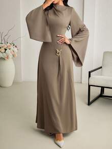 Veilorie 女士纯色立领褶裥优雅长袖阿拉伯连衣裙 - 摩卡棕 - 查看 6