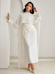 Veilorie Women's Solid Color Ruched Elegant Long Sleeve Arabic Dress - Beige - View 7