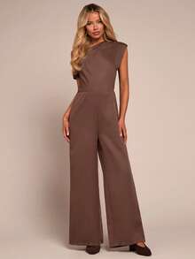 SHEIN Glamour Jumpsuit Elegan Wanita Warna Polos dengan Lipatan dan Garis Leher Asimetris - Coffee Brown - View 4