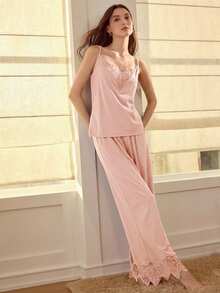 MOTF PREMIUM LACE TRIM PATCHWORK KNIT COMFORTABLE & ELEGANT PAJAMA SET - Pink - View 8