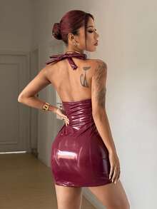 StreetHx 女士街头风PU皮革V领系带无袖迷你连衣裙 - 酒紅色 - 查看 2