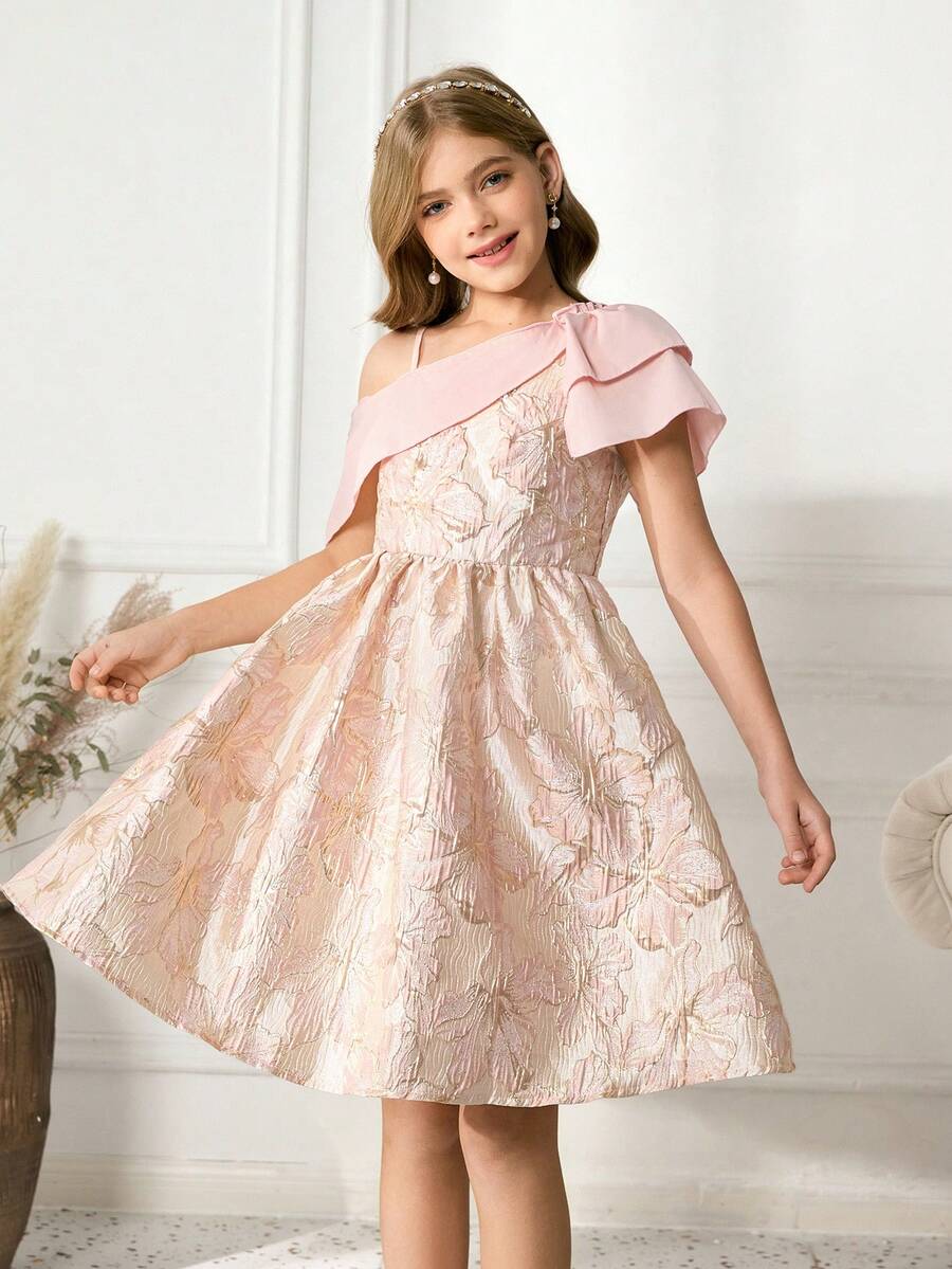 Tween Girls'Elegant Pink Summer Jacquard Satin Layered Party Dress,Embroidered Asymmetric Strap Short Fitted Formal Dress For Wedding,Prom,Graduation - Pink - View 1