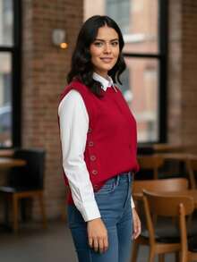 Chaleco mujer casual tejido punto trenzado diseño elegante ajuste holgado cuello V sin mangas otoño invierno oficina diario chaleco - Rojo - Ver 2