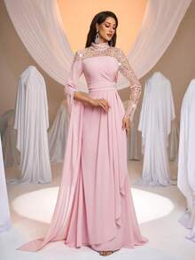 Aureia 优雅奢华粉色亮片刺绣雪纺立领长袖鱼尾正式晚礼服 - 藕粉色 - 查看 8