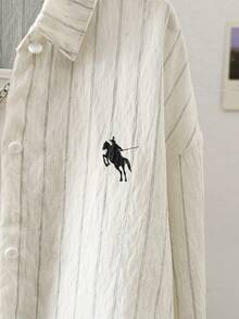 SHEIN Teen Girls Casual Minimalist Beige & White Pinstripe Long Sleeve Button-Down Shirt Spring & Autumn Lightweight Breathable Fabric With Polo Embroidery For Daily School & Casual Outings - Apricot - View 3