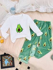 SHEIN Flannel Avocado Print Cozy Pajama Set For Big Girls - Green - View 1