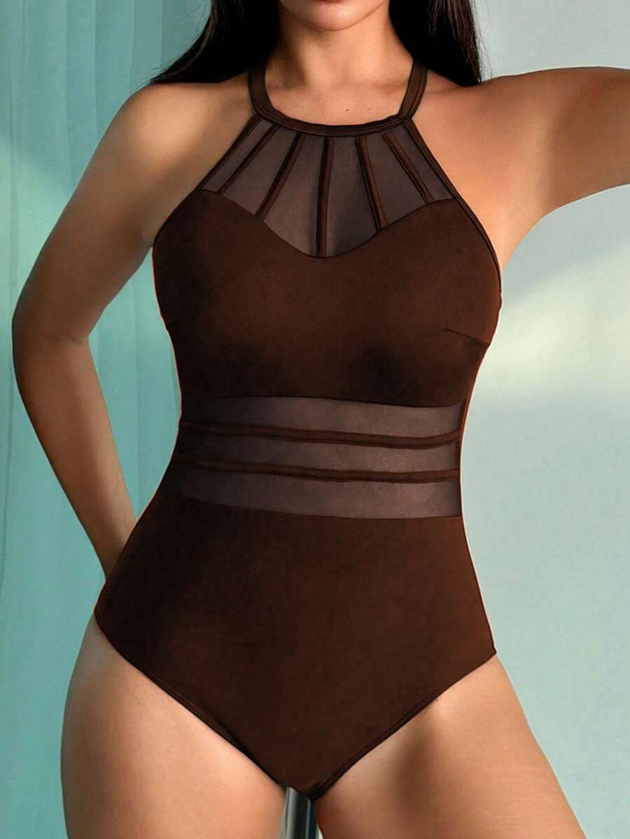 SHEIN Swim 女士纯色拼接网纱性感挂脖连体泳衣 - 咖啡棕 - 查看 1