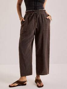 Freevana Quần dài nữ cỡ lớn, kiểu dáng thường ngày, đơn giản, đa năng, màu trơn, chất liệu vải có họa tiết, dây rút ở eo, túi xéo, ống rộng, màu nâu, phong cách boho, kiểu phương Tây, có túi. - Màu xanh nhạt - Xem 1