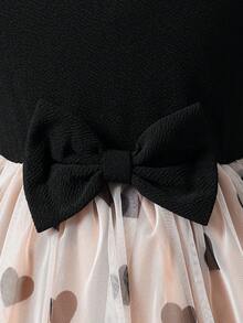 SHEIN Baby Girls' Long Sleeve Ruffle Lamb Dress With Bow & Heart Mesh, Suitable For Daily Gatherings, Elegant And Cute Outfit - Multicolor - View 4