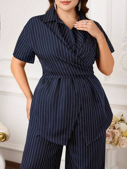 Modelyn Plus Size Women's Casual Everyday/Work Commute Minimalist Striped Print Wrap Waist Short Sleeve Top And Wide Leg Pants 2 Piece Set, Spring/Summer/Autumn