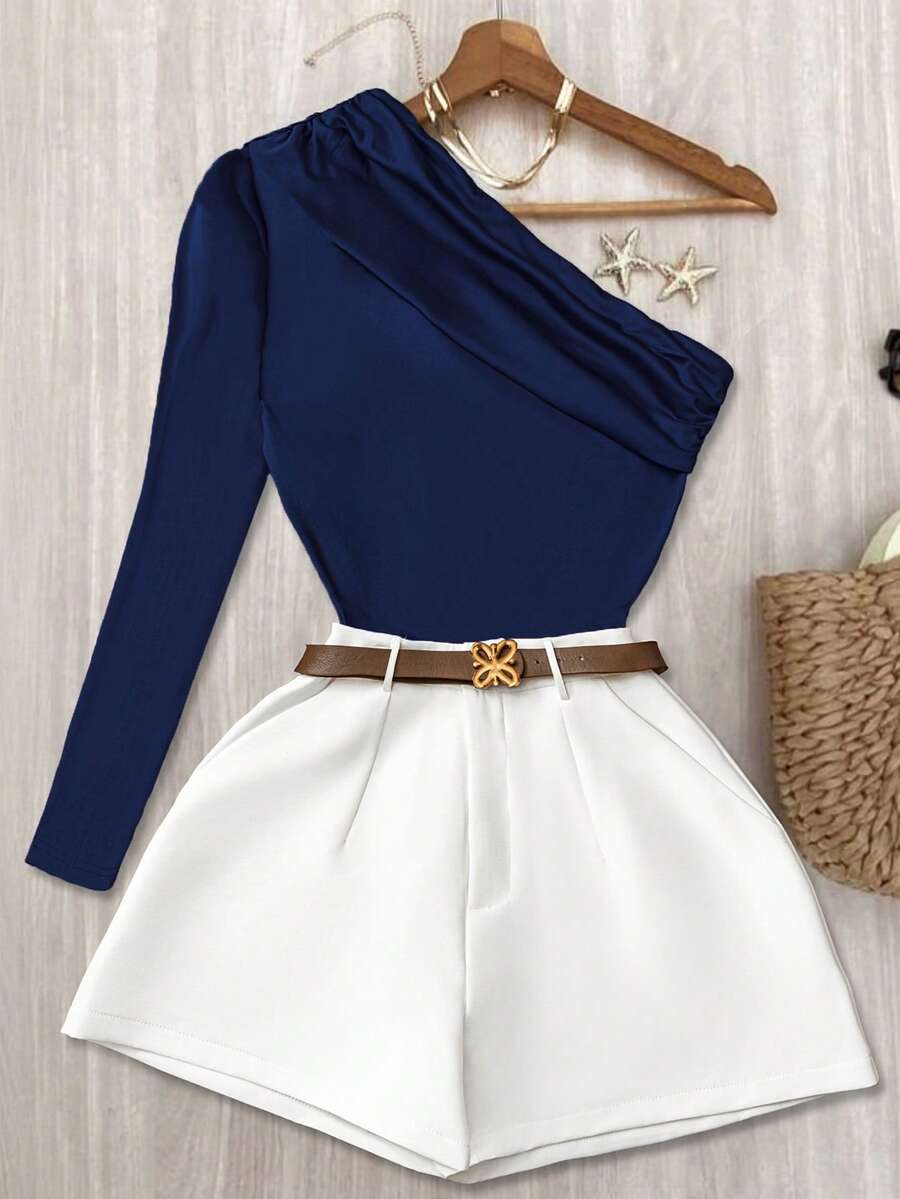 Airaco Bộ 2 món áo cổ lệch màu trơn thời trang nữ và quần short - Màu xanh lam - Xem 1