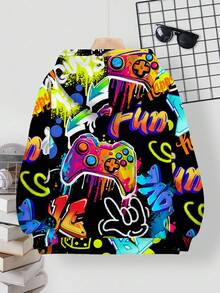 SHEIN Tween Boy Casual Minimalist Style Graffiti Handpainted Cartoon Game Console English Letter Sports Street Style Y2K Loose Comfortable Long Sleeve Hoodie, Suitable For Autumn/Winter Fall