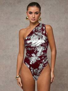 SHEIN BAE Women's Fashionable Casual Vacation Style All-Over Print Bodysuit,Bodysuits For Women - Burgundy - View 3