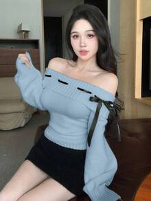DAZY Áo len dài tay hở vai đính nơ đan xen dễ thương ngày lễ tình nhân mùa xuân cho nữ - Màu xanh nhạt - Xem 2