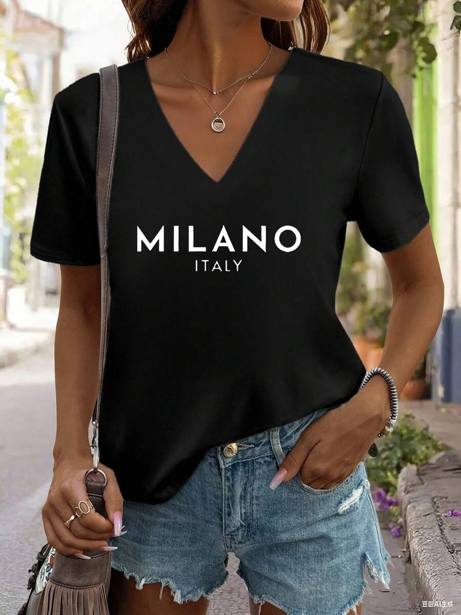Black Minimalist Letter Print V-Neck Short Sleeve Casual T-Shirt For Women - Black - View 1