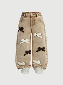 Young Girls Khaki Butterfly Embroidery Wide Leg Jeans - Khaki - View 4