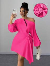 Maweii Elegant Ruched Waist Dress With Asymmetric Hem, Puff Sleeves And Rose Floral Decor, Minimalist Design For Everyday Wear And Commute, Plus Size