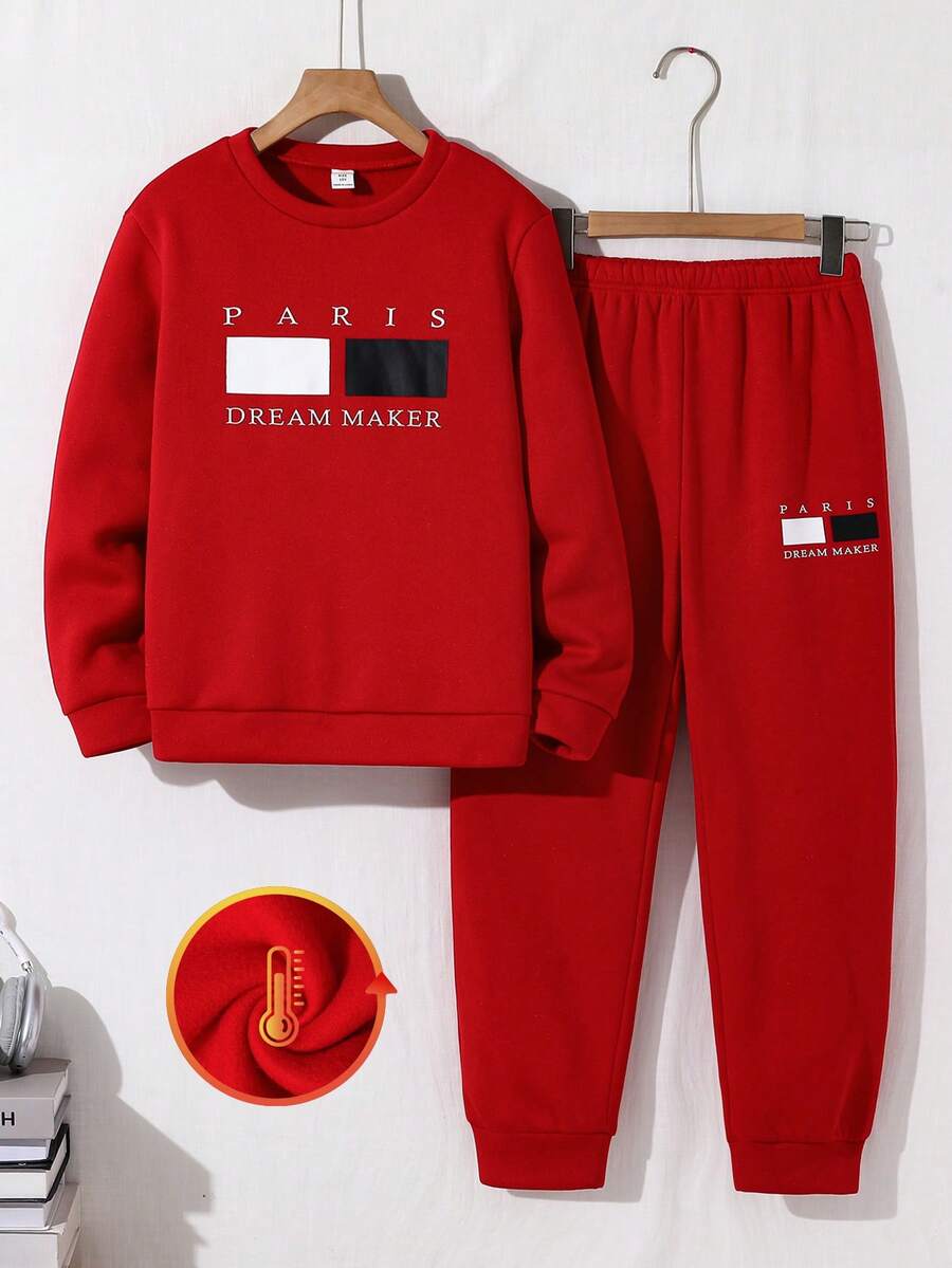 SHEIN 两件套儿童/青少年男童休闲日常舒适印花圆领宽松套头卫衣和宽松运动裤套装 - 紅色 - 查看 1
