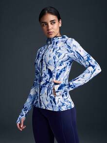 Powerista Women's Casual Full Print Zip-Up Hooded Sports Jacket, Autumn - Blue and White - View 4