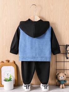 SHEIN Bộ 2 món/Bộ áo trùm đầu màu khối cho bé trai và quần màu trơn - màu đen - Xem 2