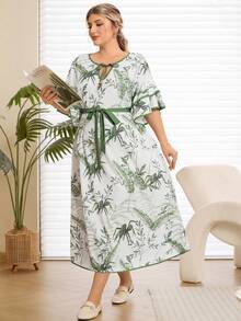Rosumi Plus Size Women's Summer Vacation Style Floral Print Twist Keyhole Neck Ruffle Sleeve Belted Dress,Flower/Spring - Multicolor - View 1