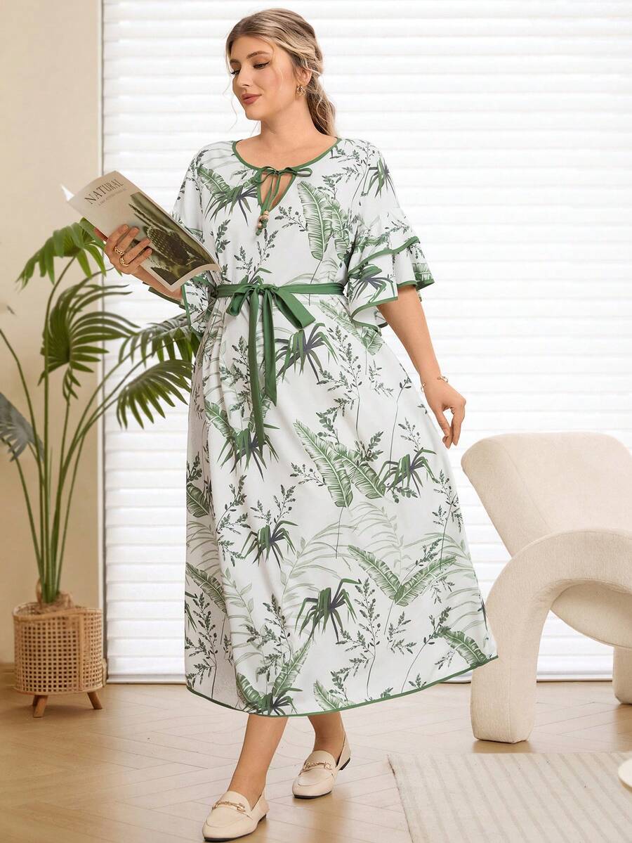Rosumi Plus Size Women's Summer Vacation Style Floral Print Twist Keyhole Neck Ruffle Sleeve Belted Dress,Flower/Spring - Multicolor - View 1