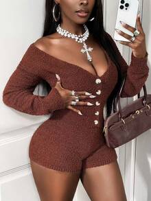 SHEIN BamGlam جمبسوت قصيرة مطابقة للمرأة، كم طويل وياقة على شكل حرف V، لون بيج فاتح أحادي اللون، إغلاق نصف أزرار، جمبسوت كاجوال فينتاج أنيقة - كاكي - مشاهدة 4