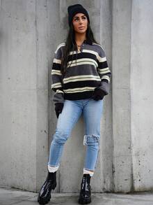 SAYEHFBABY Women's Casual Striped Turtleneck Sweater, Autumn - Grey - View 1