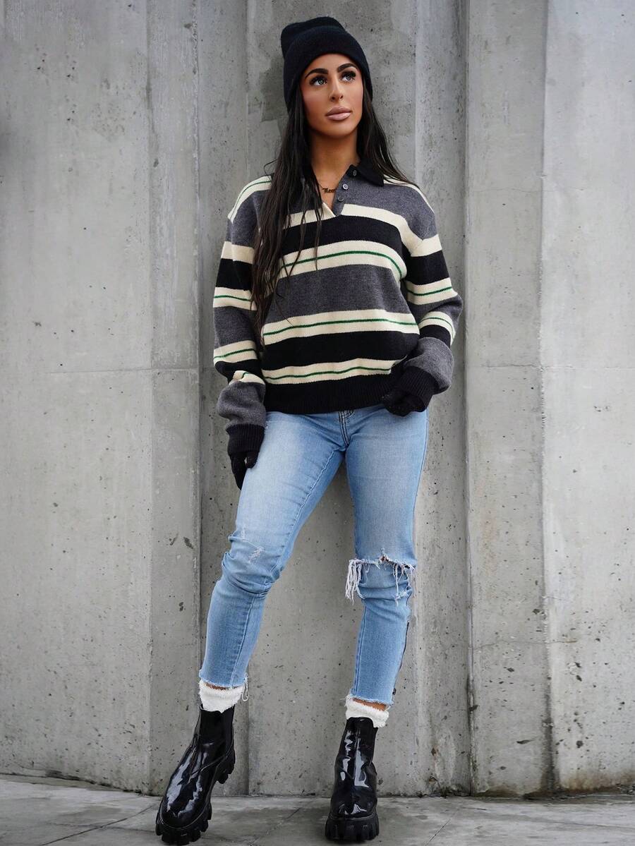 SAYEHFBABY Women's Casual Striped Turtleneck Sweater, Autumn - Grey - View 1