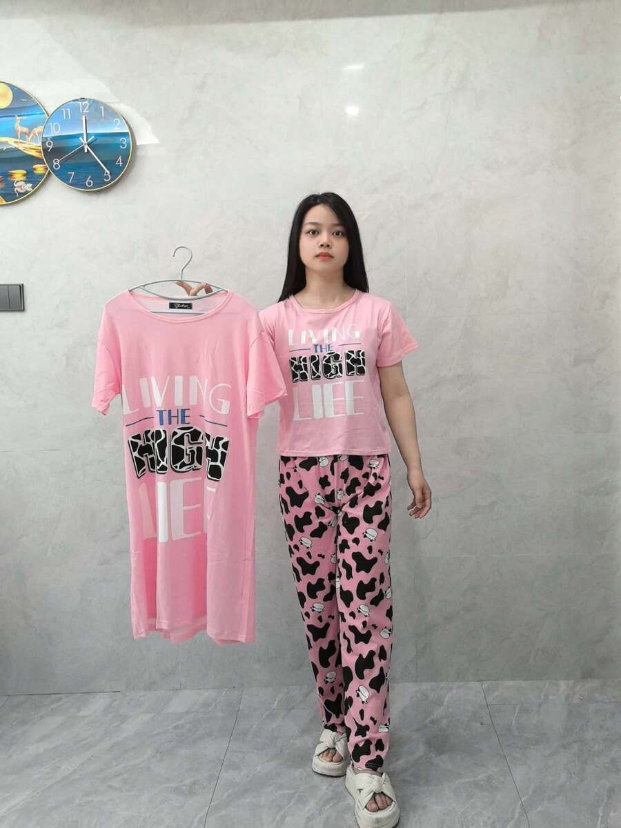Conjunto de pijama de tres piezas para mujer Conjunto de pijama de mujer(Women's short-sleeved pajamas + women's pajama pants + women's nightgown) - Rosa - Ver 1