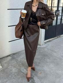 DAZY Women's Casual Solid Color PU Leather Pocket Jacket And A-Line Skirt 2-Piece Set, Autumn - Brown - View 3