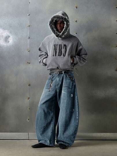 NEON BLANC X LYSMO COLLAB Men's Street Fashion Woven Long Curved Knife Loose Fit Jeans