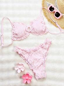 Vaytide 女士泳装 SXY-D 纯色提花面料可爱荷叶边可调节系带休闲沙滩比基尼套装 - 粉色 - 查看 7