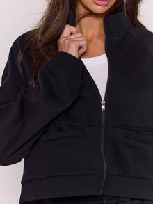 MUSERA High Neck Zip Through Cropped Long Sleeve Sweatshirt Cute Going Out Daily Spring Summer Casual - Black - View 6