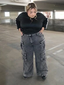 Enliva Jeans cargo de pierna ancha, corte holgado y talla grande - Negro - Ver 4