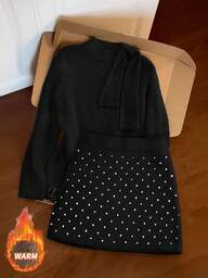 Franclia Women's Elegant Bow Tie Sweater & Polka Dot Skirt 2-Piece Set, Autumn/Winter