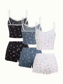 Bonmuse 3 件套女士纯色花卉印花荷叶边舒适透气睡衣套装