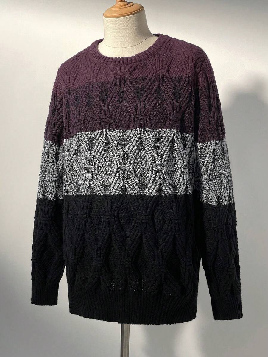 Manfinity Homme Plus Size Men's Contrast Color Round Neck Long Sleeve Casual Sweater, Autumn/Winter - Multicolor - View 1