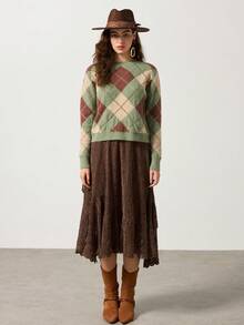 MYSTAURA Vintage Collegiate Argyle Contrast Color Crew Neck Fuzzy Knit Sweater, Suitable For Layering - Multicolor - View 3