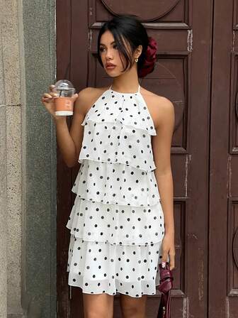 MainGRL 女士波点雪纺露背连衣裙