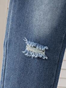 Mirajuku 2pcs/Set Boys' Casual Striped T-Shirt With Denim Pocket Patchwork, Paired With Ripped Jeans, Fashionable Outfit For Multiple Occasions - Blue - View 7