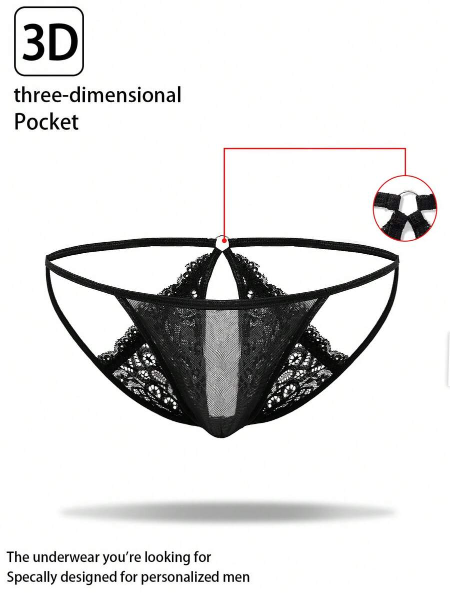 DrisQ Men's Lace Patchwork Hollow-Out Sheer Sexy G-String Underwear - Red - View 1