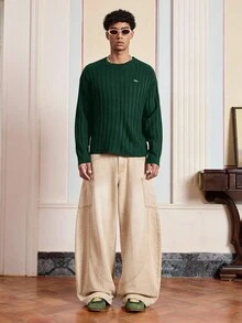 SWAVVY Suéter de cuello redondo casual de manga larga con estampado de letras para hombre, color verde - Verde Oscuro - Ver 3