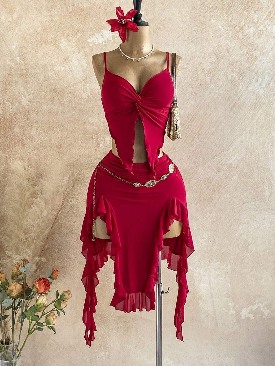 Soleia Bộ 2 áo hai dây xoắn gợi cảm và chân váy xếp ly bất đối xứng cho kỳ nghỉ của phụ nữ - Đỏ - Xem 1