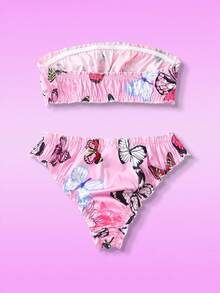 Notgurli 2pcs Pink Satin Jacquard Butterfly Print Ruffle Trim Strapless Bustier Bra And Panty Set, Sweet & Cute, Suitable For Vacation, Party, Music Festival, Club - Pink - View 2