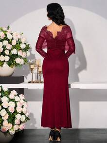 Modelyn Women's Lace Patchwork Asymmetrical Sleeve Long Dress - Red - View 2