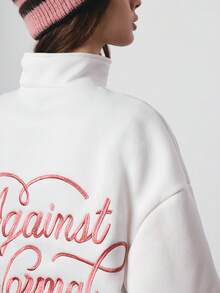 SURIMA Women's Knitted Fabric Regular Length White Sweatshirt With Stand Collar Long Sleeves And Christmas Graphic - White - View 5