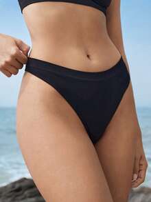 Ocili Leisure Extremely Stretchy Seamless & Skin-Friendly Mid-Rise String Comfortable Solid Sexy Thong-Black - Black - View 2