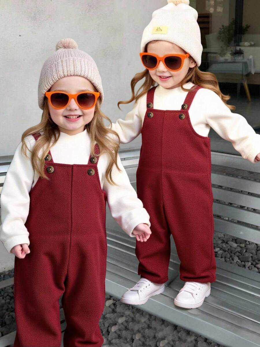 Baby Girl Cute Corduroy Textured All-In-One Jumpsuit, Versatile For Spring, Autumn & Winter, Suitable For New Year, Valentine's Day, Wedding, Party Baby Fall Clothes Girls Toddler Girls Cute Vintage Style Toddler Girl Clothes Overalls Baby Girl Overalls Outfits - Burgundy - View 1