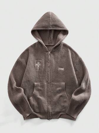 Street Life Cardigan con cappuccio, chiusura lampo e tasche, a maniche lunghe, in maglia, con ricamo, da uomo